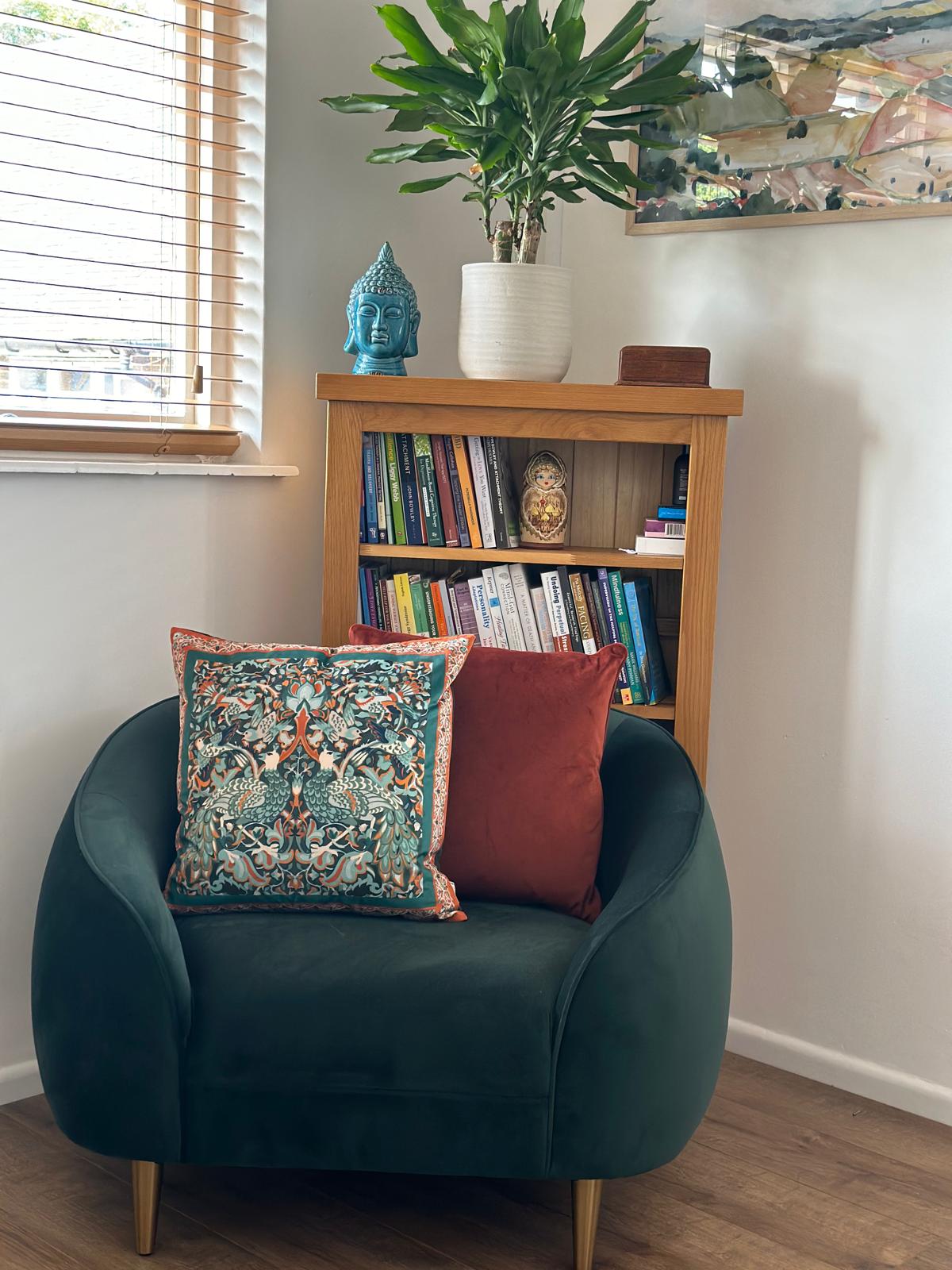 Nikki's office chair with cushions and a bookcase behind it.