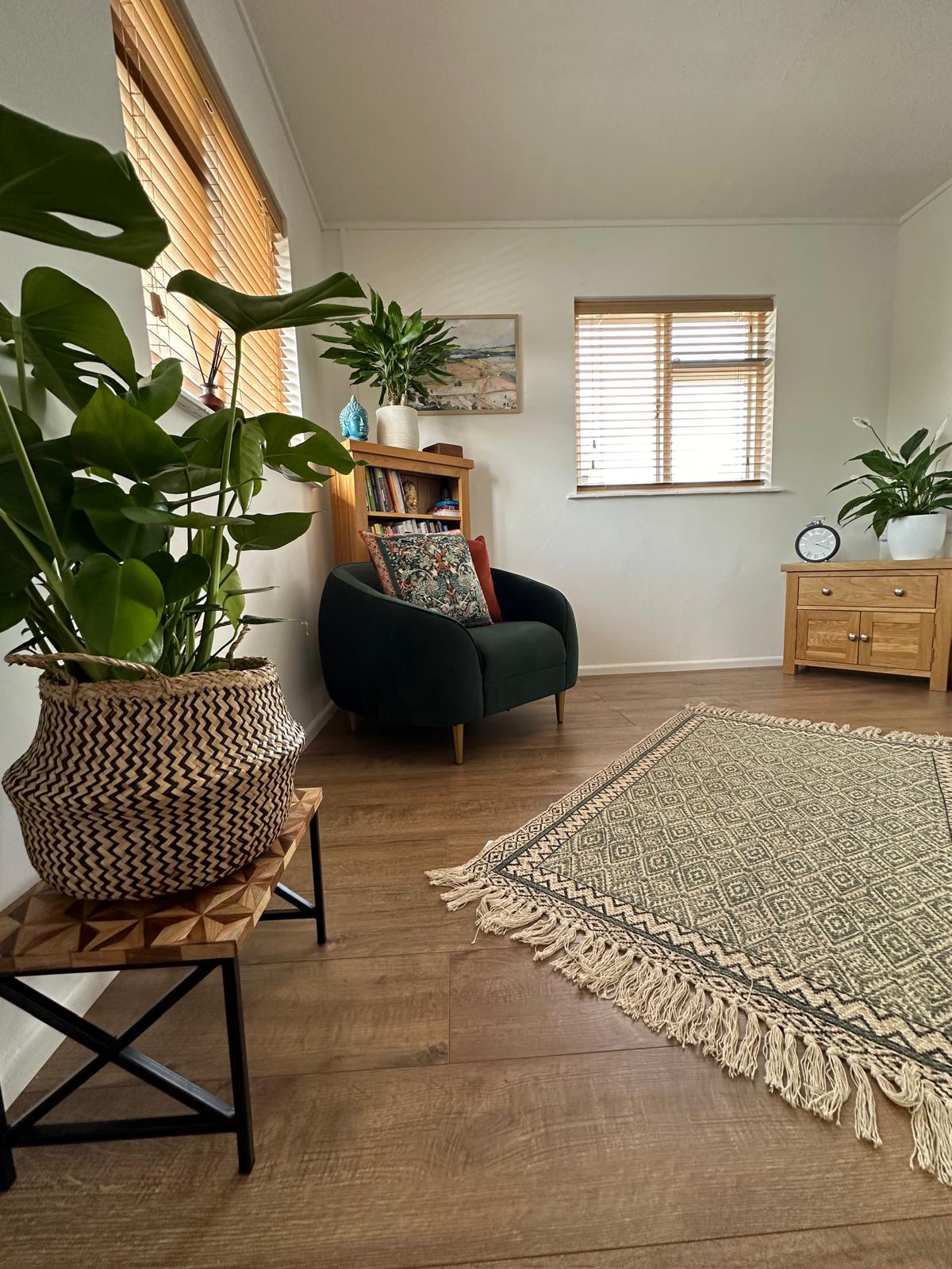 Nikki's office with chair plants and bookcase.
